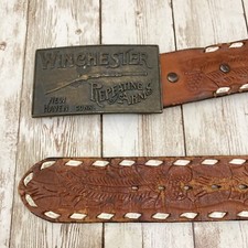 Vintage Western Hand Tooled Finished Acorn Leather Belt Winchester Buckle Sz 40