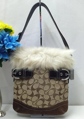 Coach Signature Brown Canvas Suede Fur Trim Zipper Closure Buckle