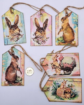 6-Easter-Primitive-Farmhouse-Rabbits-Junk Journal-Linen Cardstock-Gift-Hang-Tags