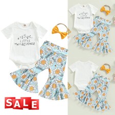Abiti da bambina 3 pezzi lettere top floreali fondo a campana pantaloni e fascia in tessuto
