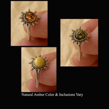 BALTIC BUTTERSCOTCH GREEN HONEY AMBER  STERLING SILVER HANDMADE SUN RING