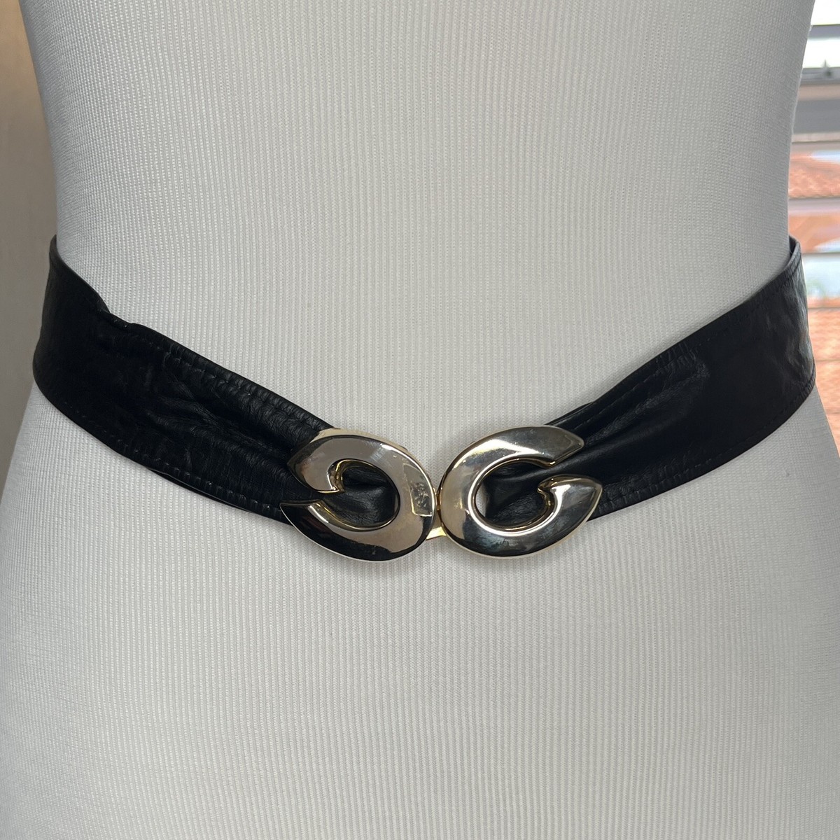 Gutos West Germany Leather Sash Belt Gold Tone G Monogram 