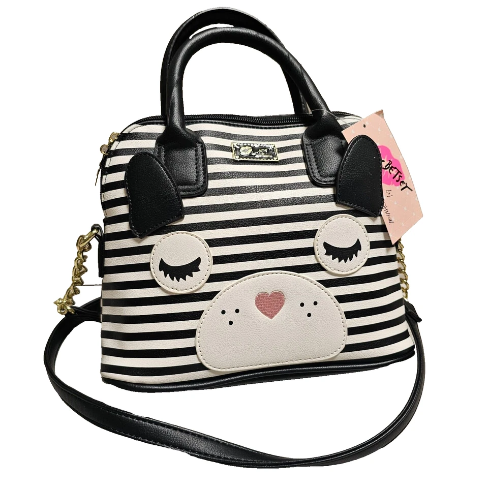 Betsey Johnson Satchel Tote Bag Crossbody Black White Puppy Striped 8"x10"x4"
