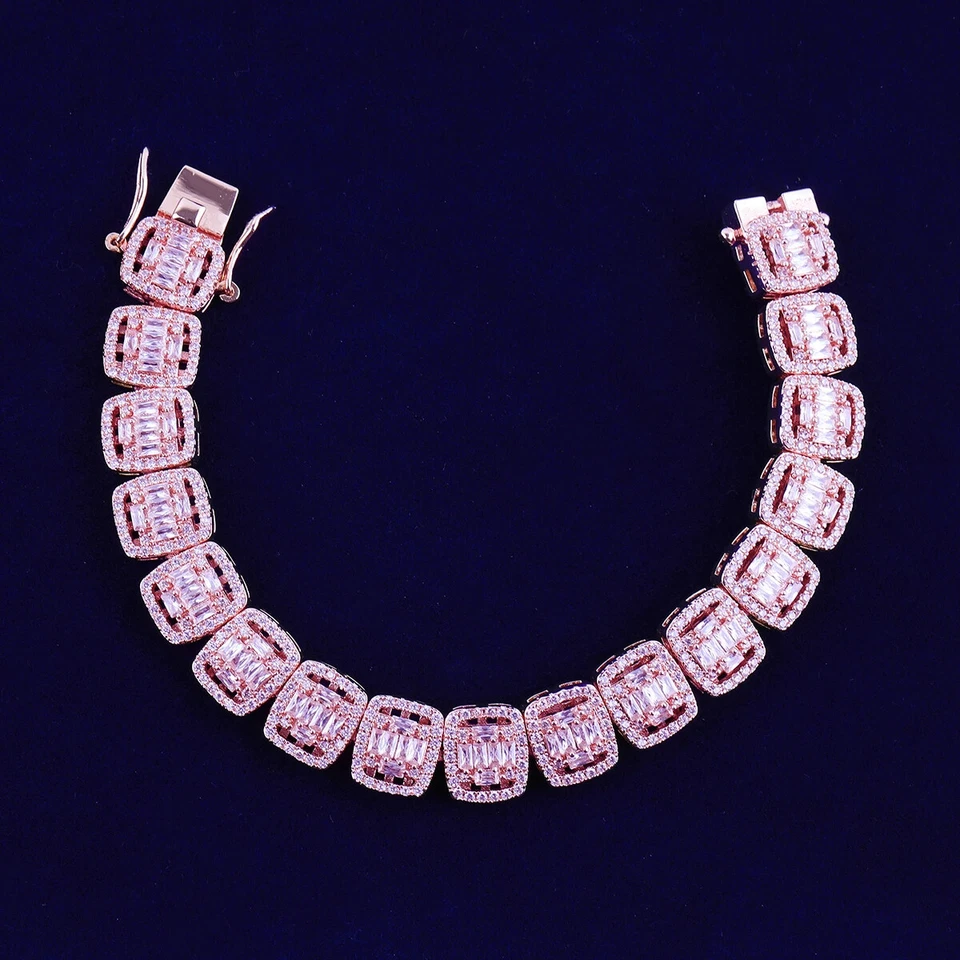 Pulsera baguette helada para hombre micro pavé circonita cúbica estilo hip hop en cobre real Foto 3 de 4