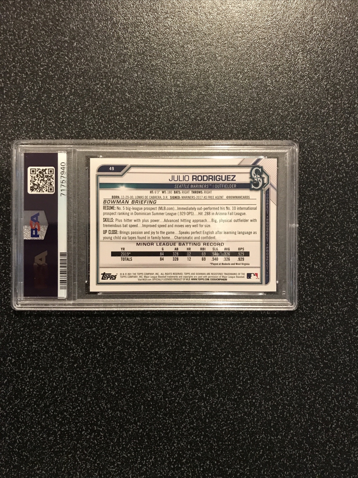 JULIO RODRIGUEZ 2021 Bowman NSCC RC #49 WRAPPER REDEMPTION - GOLD #46/50 PSA 9 view 5