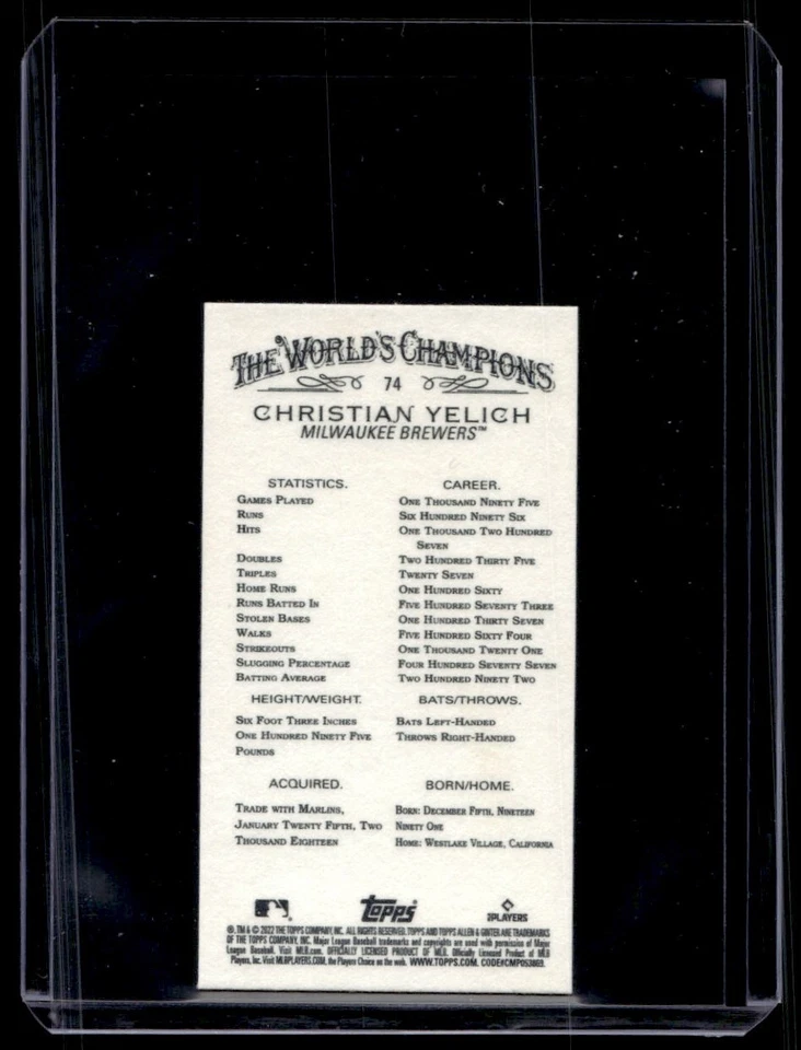 2022 Topps Allen & Ginter Black Mini RARE! Christian Yelich Milwaukee Brewers - Image 2 of 2