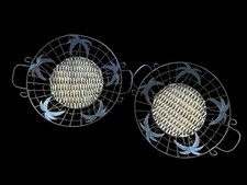 Set of 2 Palm Tree Metal Rattan Wicker Serving Tray Round