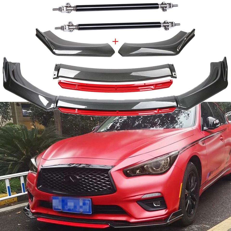 JMTBNO Front Bumper Lip Splitter & Strut Rods Kit – Infiniti G37 G25 Q60 Q70 – Carbon Fiber Black/Red, Polyurethane