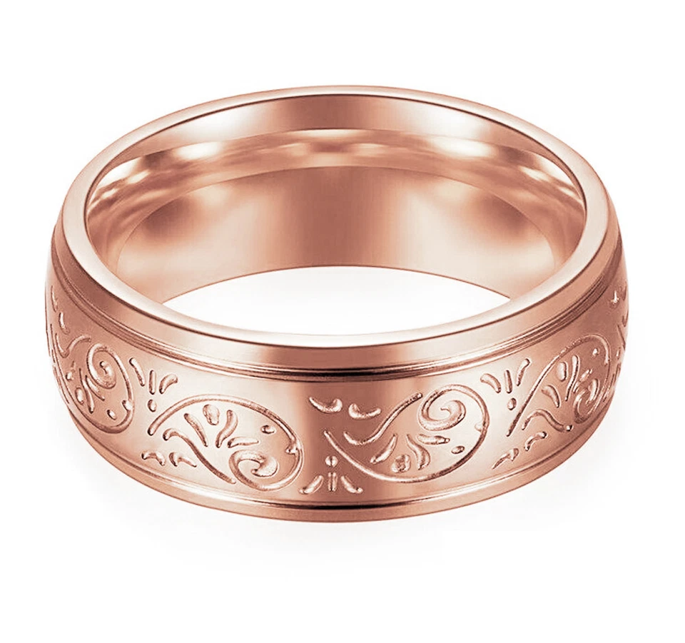 Ebay Wedding Rings for Women. 7mm Rose Stainless Steel Band Floral Etched Design - Image 2 of 4