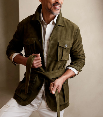 Olive Green Field Leather Jacket Men Pure Suede Custom Made Size S M L XXL 3XL