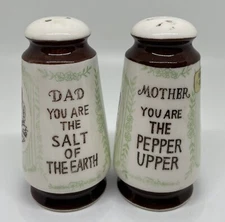 Vintage Dad Salt Of The Earth & Mother The Pepper Upper S&P Shakers Souvenir PA