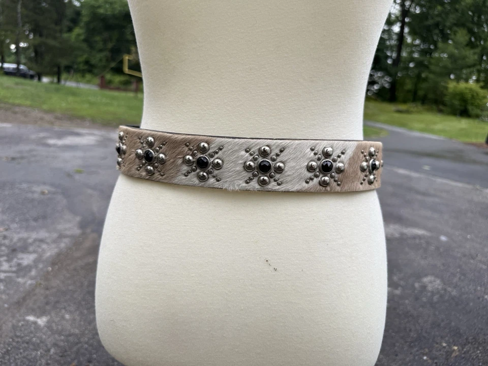 Unisex Black White Joed Hair On Leather Stars Studded Belt Size 32 Vint Upcycle - Image 3 of 4