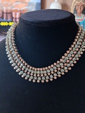 Vintage 1950's blue and clear crystal bib necklace wide collar type 16"