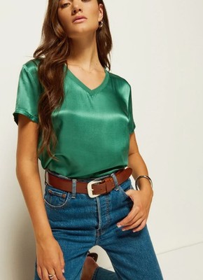 NWT NATION LTD Sz M June V-Neck Satin T-Shirt in Spruce Green