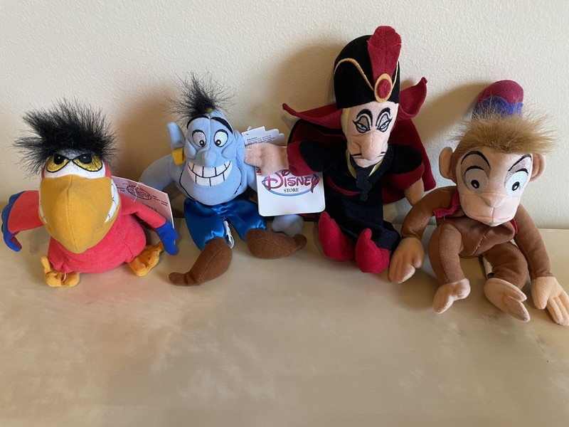  The Disney Store Aladdin Plush Mini Bean Bag Lot ABU, Genie, IAGO Jafar