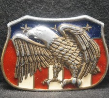 XH15124 VINTAGE 1970s BALD EAGLE ON AMERICAN FLAG SHIELD PATRIOTIC BELT BUCKLE