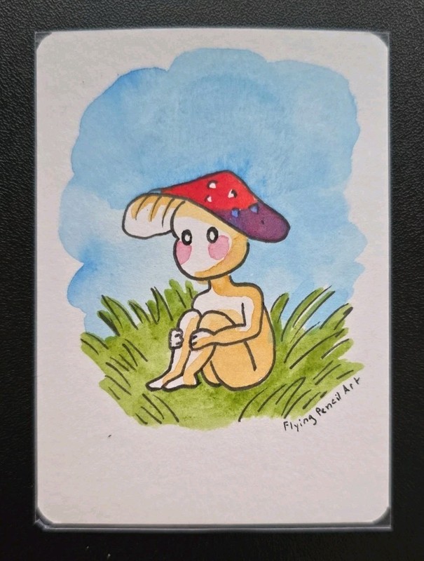 Original ACEO Watercolor Painting Mushroom Sitting In Grass 2.5 x 3.5" By FPA