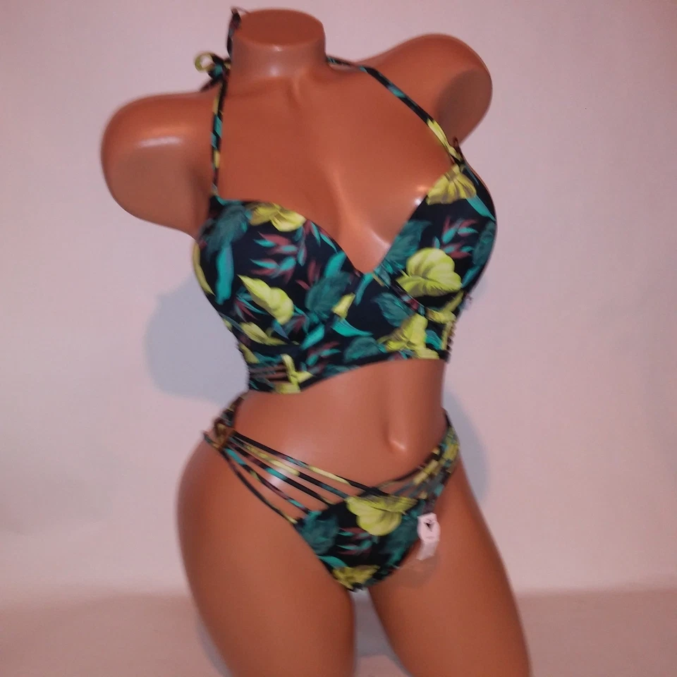 Bikini de natación Victoria Secret 32D Top XS inferior bomba push up negro verde nuevo Foto 2 de 4