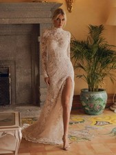 Modest High Collar Long Sleeve Wedding Dress Classic Lace Applique Elegant