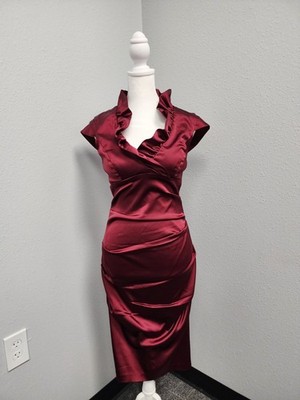 XSCAPE By Joanna Chen burgundy satin ruffle ruched bodycon knee dress size 6