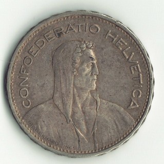 1932 B Switzerland 5 Franc Silver Coin Helvetia Swiss 5Fr .835 Silver