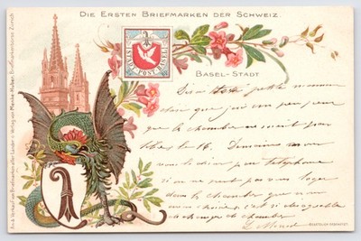 Swiss Dragon Postcard   Basel Stadt Stamp Art   Fantasy Heraldic Series