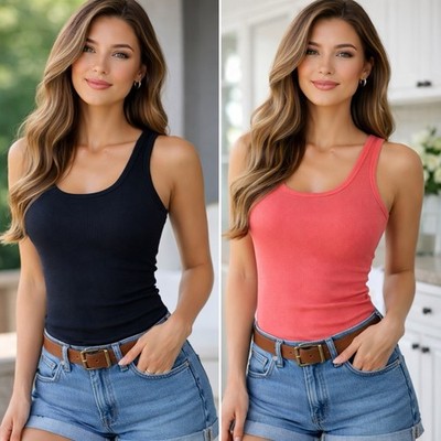 New 2PC Set Nally&Millie Coral Black Knit Minimalist 100%Cotton Tank Top Women S