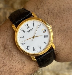 Authentic Vintage Delma Swiss Made Gold Plated Men Watch Nos Date Box Papers 1998 Classic