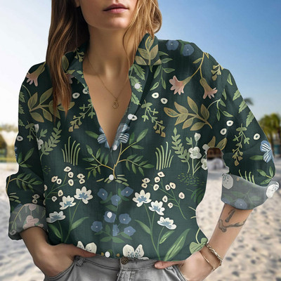 Leaf Linen Look Shirt Plant Blouse Shirt Botanical Long Sleeve Shirt
