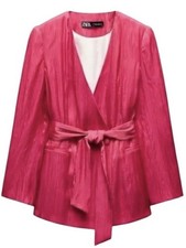 Zara Hot Pink/Fuchsia Tie Waist  Button Blazer  Wrinkle Effect  NWT  Size Large