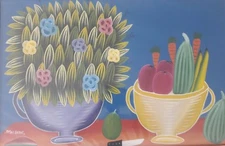 Vintage Seide Benoit Haitian Naif Art Still Life Painting Haiti - Listed Artist 