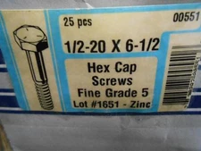 MIDWEST FASTENER HEX CAP SCREWS 1/2''-20 X 6''-1/2 FINE GRADE 5 LOT #1651 ZINC