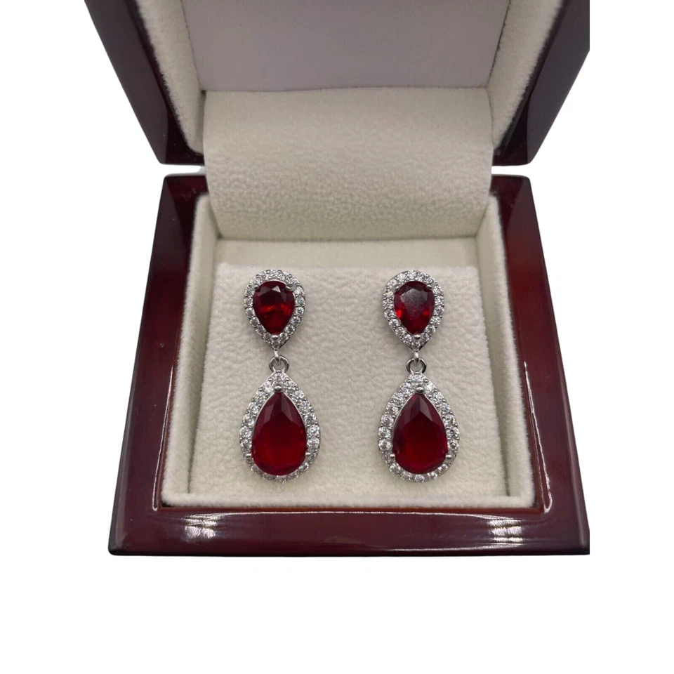 WHITE GOLD FINISH Red Ruby pear cut created diamonds droplet earrings - Image 4 of 4