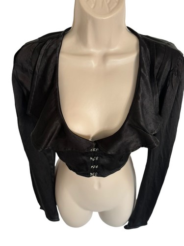 Free People Blouse XS Stretch Black Shirt Crop Top Long Sleeve Clip Hook Ruffles - Picture 10 of 12