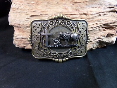 Men's Belt Buckle 'Cowboy Prayer,' Brass with Silver Tone Cowboy, Horse  Cross