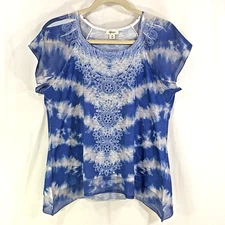 Style & Co Women’s Blouse Blue Rhinestones T-Shirt Trapeze Hem Scoop Neck Top XL