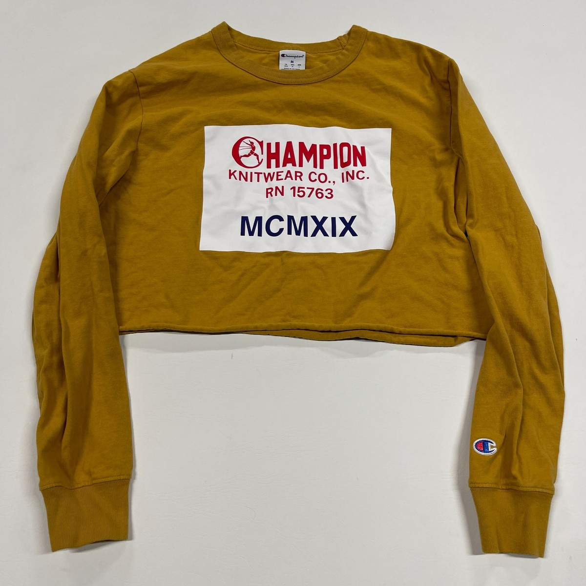 Champion Cropped Top Women Medium Mustard Crew Neck Long Sleeve
