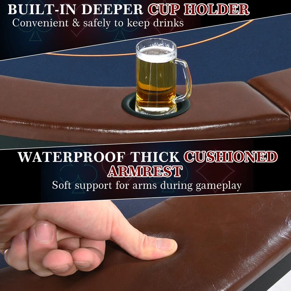 Poker Table 10 Player Texas Holdem Game Folding Casino Metal Leg Cup Holder 84in - Image 2 of 4