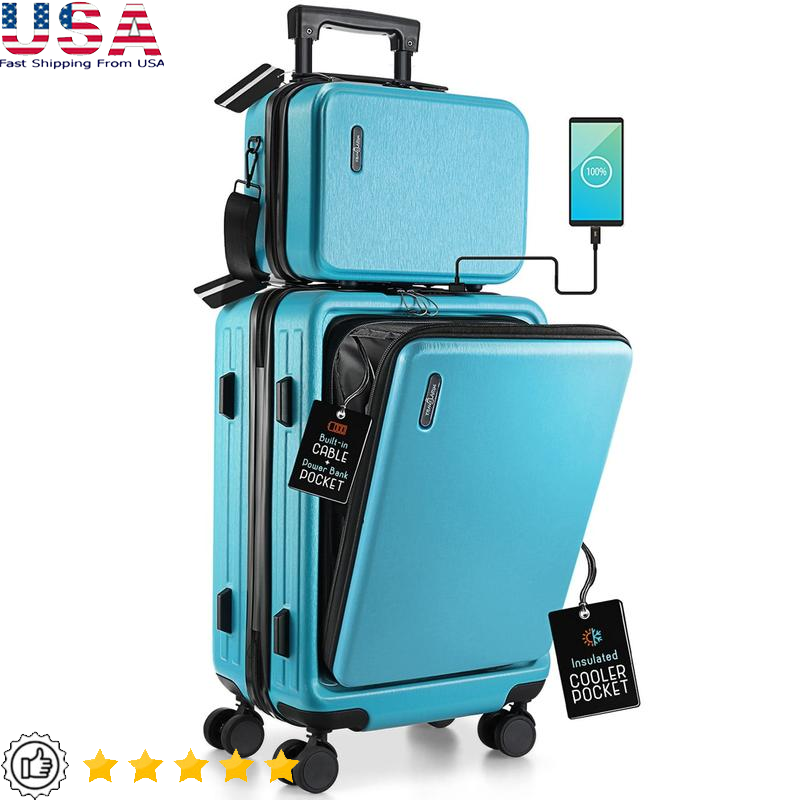 Durable Expandable Hardside Carry-On Luggage Set with Front Pocket and Spinner Wheels