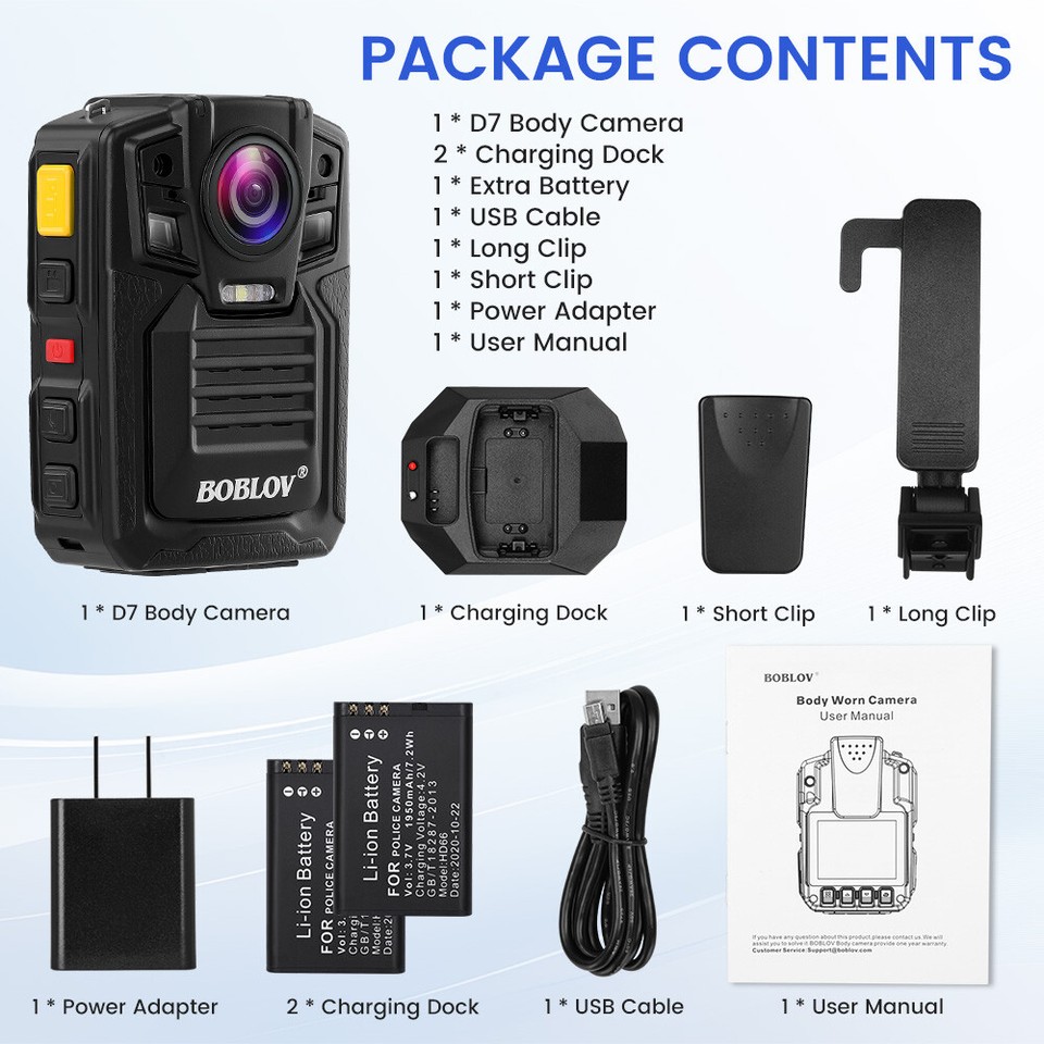 BOBLOV D7 HD 1296P Body Camera with Audio 9H Record Cam Night Vision ...