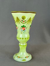 Antique Bohemian Enameled Floral Green Cut Overlay 8 Glass Vase