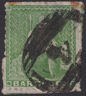 Barbados 1860 QV Britannia ½d Yellow Green Pin Perf 12½ Used SG16 cat £750 TONES