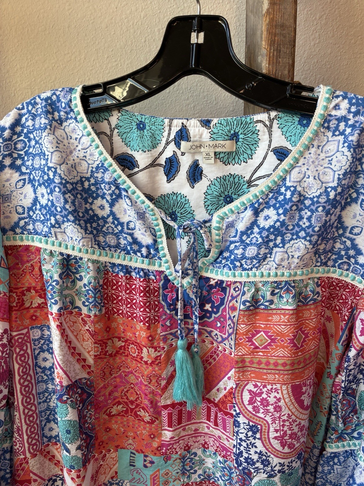 John Mark Top Size XL Tunic Patchwork Tasseled Co… - image 2