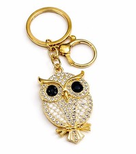 Gold Tone White Rhinestone Owl Keychain Bag Purse Charm Backpack Sparkle