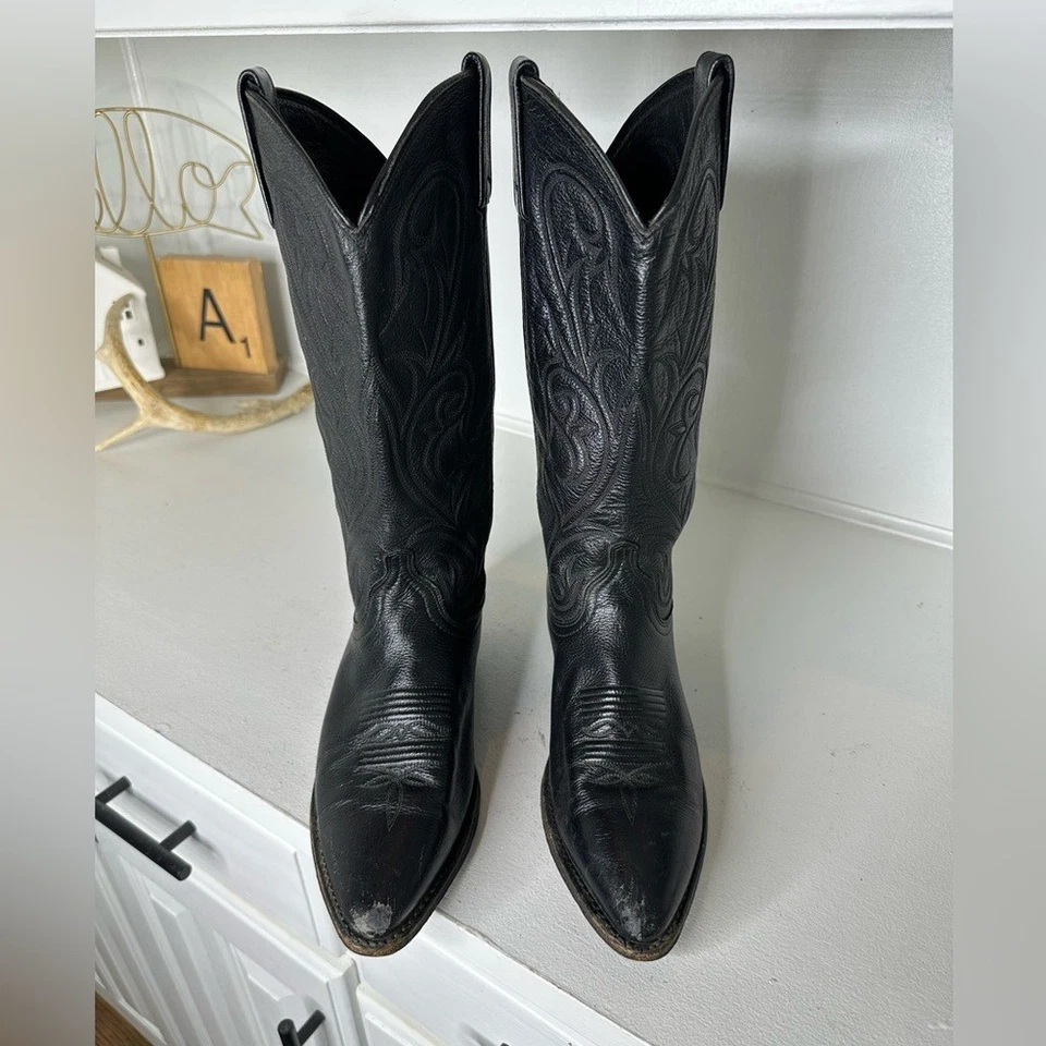 Vintage Dan Post Black Leather Western Cowboy Boots Women 8.5M Classic Pointed - Image 2 of 4