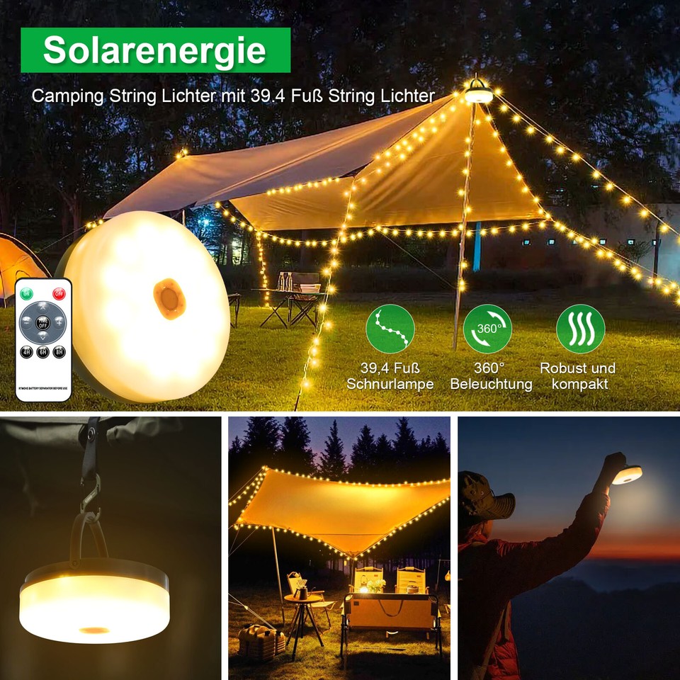12m Solar Camping Lichterkette Aufrollbar Wasserdichte Tragbare LED