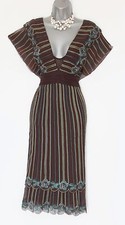 Karen Millen UK 10 Brown Embroidery Ruffle Batwing Sleeves Low V Neck Dress EU38