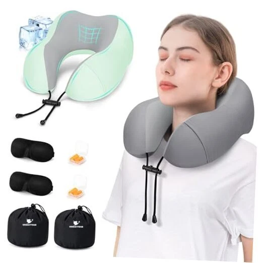Travel Pillow for Airplane Memory Foam Pillow, Soft & Support Cooling Grey&sage