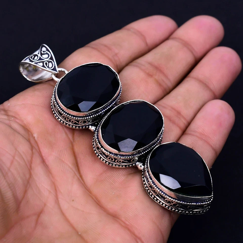 Nero Spinello Gemma a Mano 925 Pendente Argento Sterling Per Fidanzamento Regalo - Immagine 4 di 4