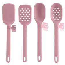 4 Silicone Kitchen Tools Set Slotted Turner & Spoon, Basting Spoon, Spatula Pink